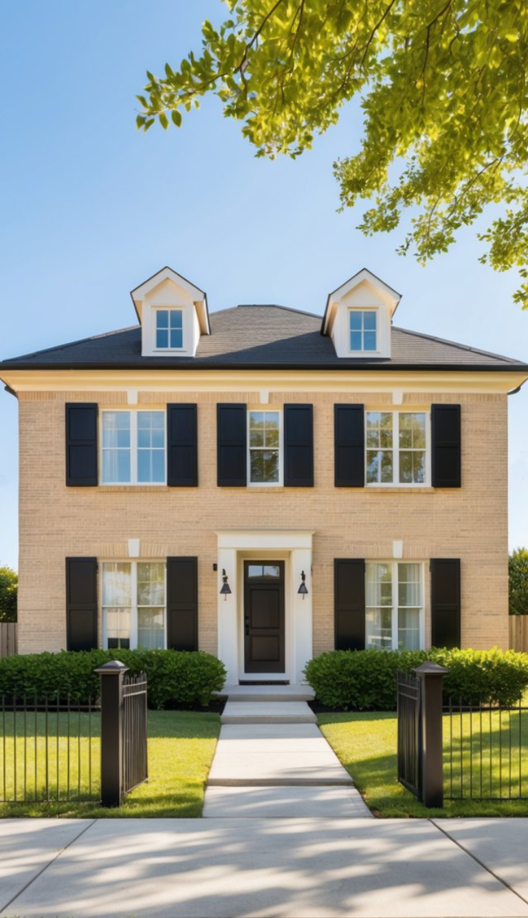 A two-story brick house with black shutters and a black front door, surrounded by a neatly manicured lawn and bushes, with a black metal fence in the foreground and leafy trees above.