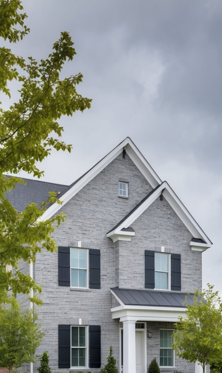 Two-story brick house with white trim and black shutters, surrounded by green trees under a cloudy sky.