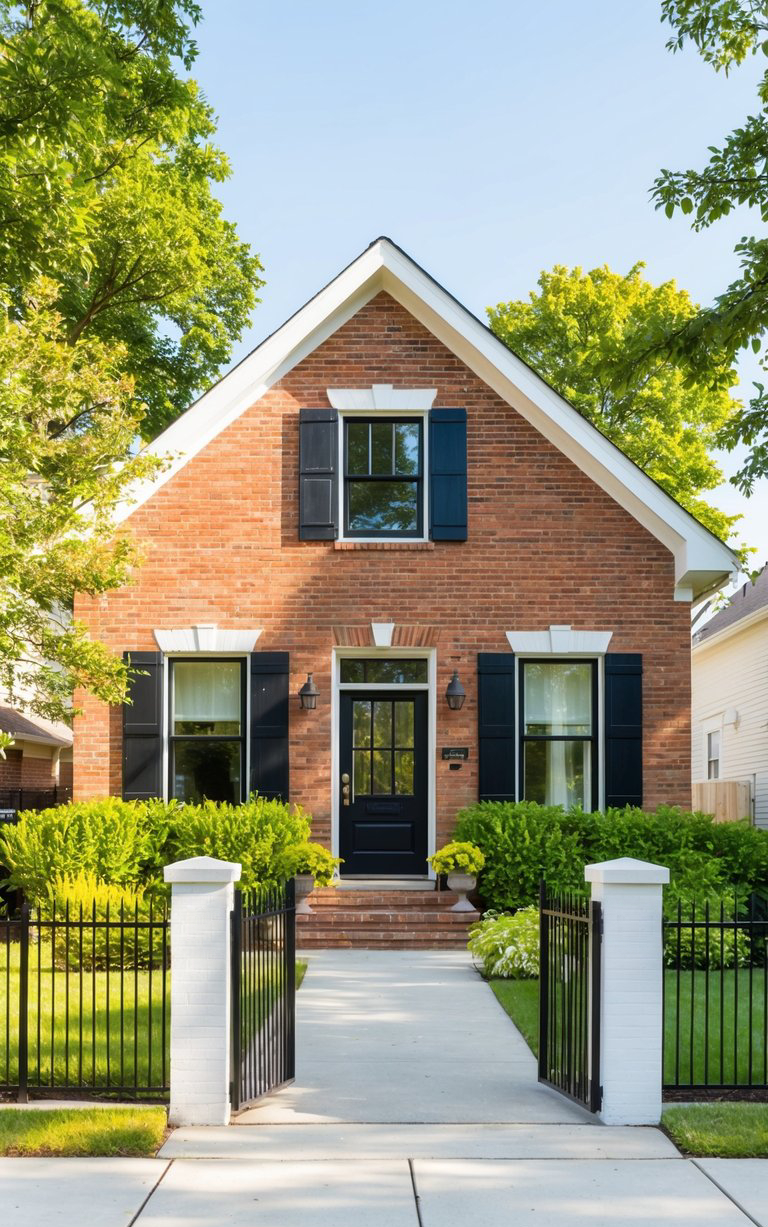 A charming red brick house with a steep gabled roof, black shutters, and a black front door, surrounded by lush green landscaping and enclosed by a black iron fence.