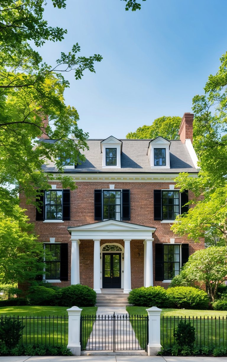 A traditional two-story brick house with black shutters, a gabled roof, and a columned entrance. The front yard is landscaped with green shrubs and trees, and a black wrought iron gate is visible at the sidewalk.