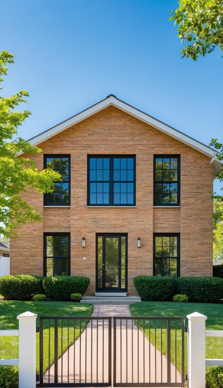 A two-story brick house with large, symmetrical black-framed windows and a central door. The facade is framed by green bushes and situated behind a small gate with a walkway leading to the entrance. Blue sky and green tree branches complete the setting.