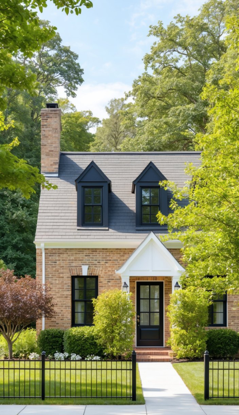 A charming brick house with a steep roof and black-framed windows, surrounded by lush green trees and a neatly manicured lawn bordered by a black metal fence.