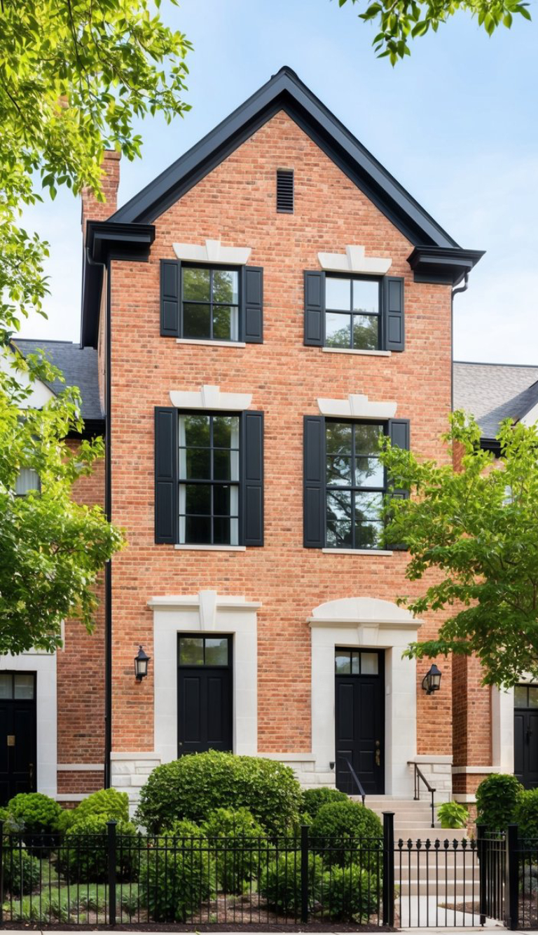 A three-story brick house with black shutters, large windows, and a neatly maintained front yard with a metal fence and green shrubs.