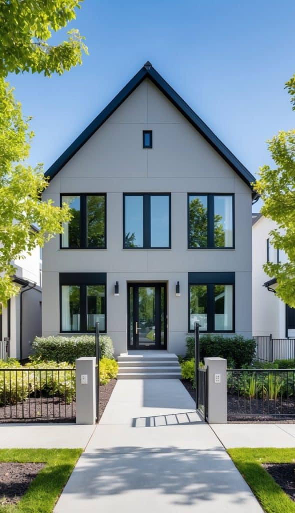 A modern two-story house with a gray facade, black-framed windows, and a sloped roof, surrounded by green landscaping and a walkway leading to the front entrance.