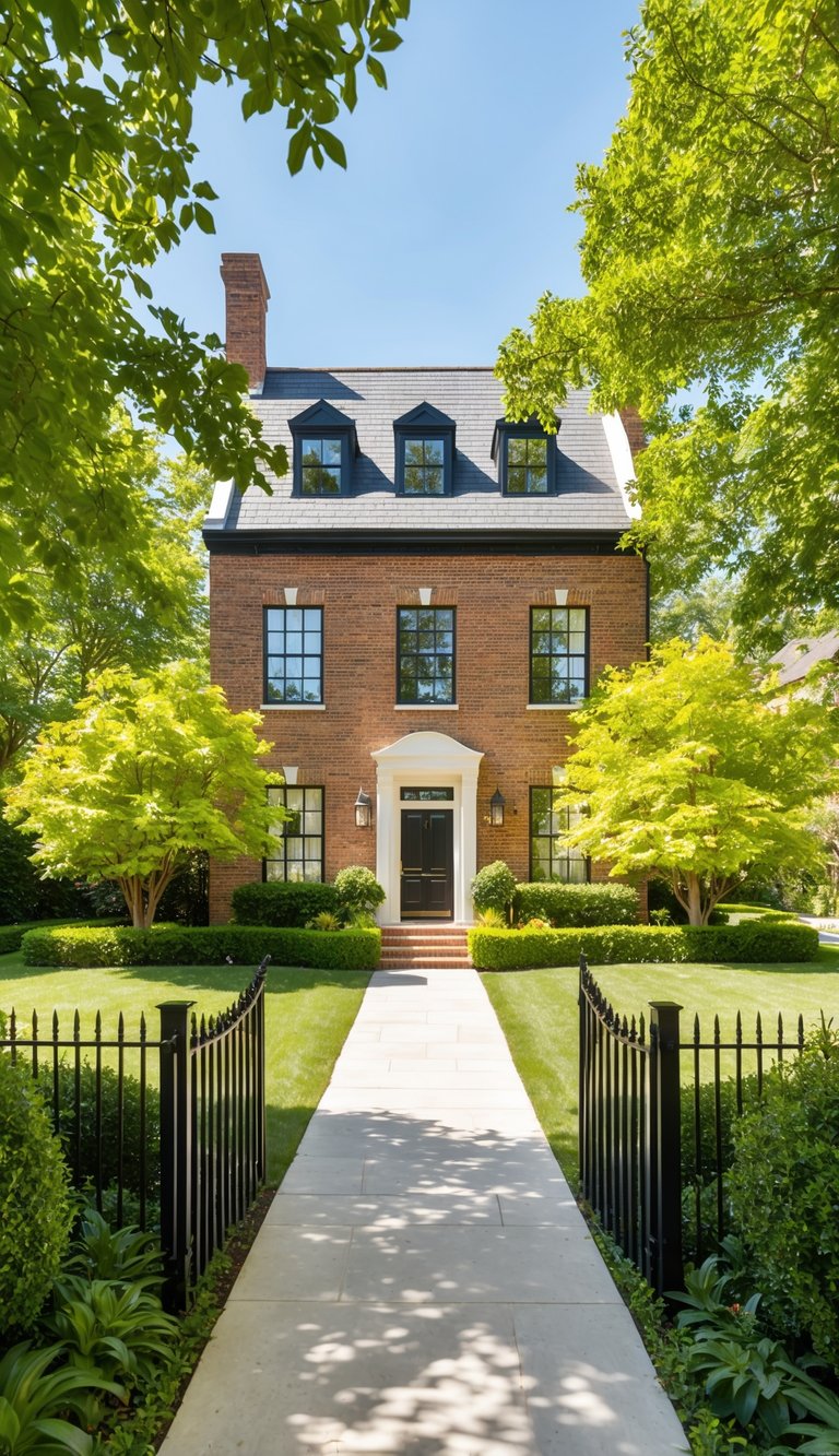 A sunlit English country garden surrounds a brick home with black-framed windows