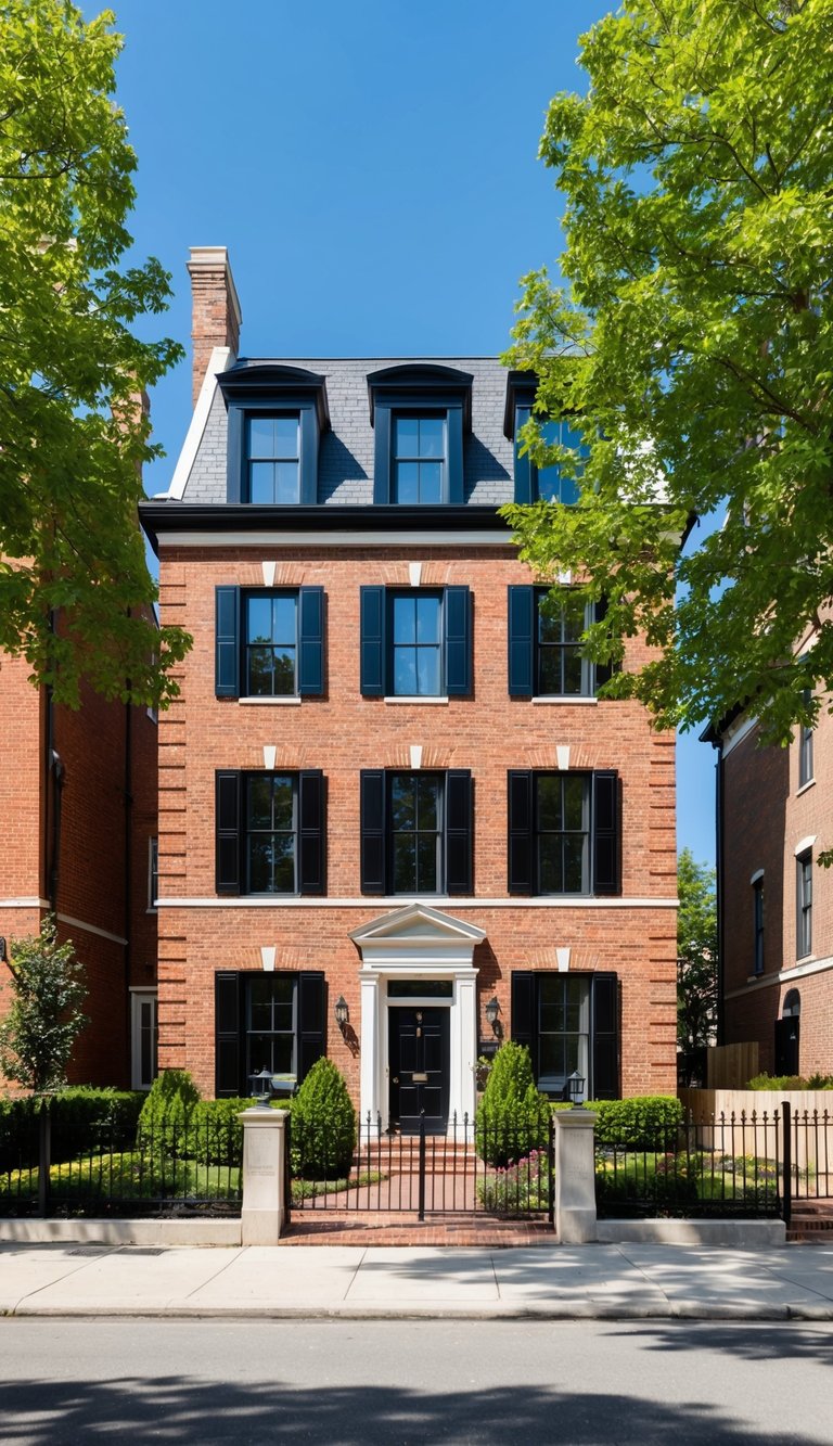 A Georgian brick home with black windows stands tall and elegant against a clear blue sky