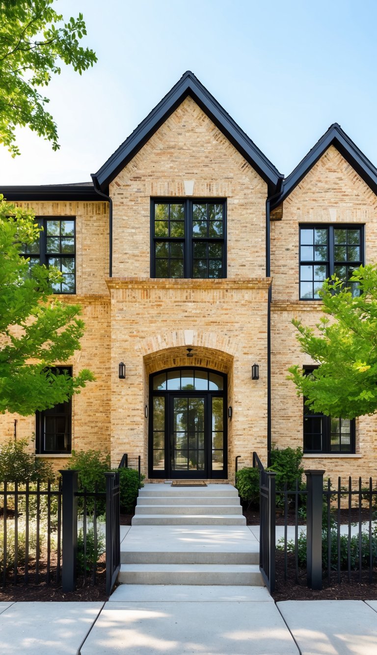 A 50-brick home with black windows, showcasing an eclectic mix of materials in the exterior