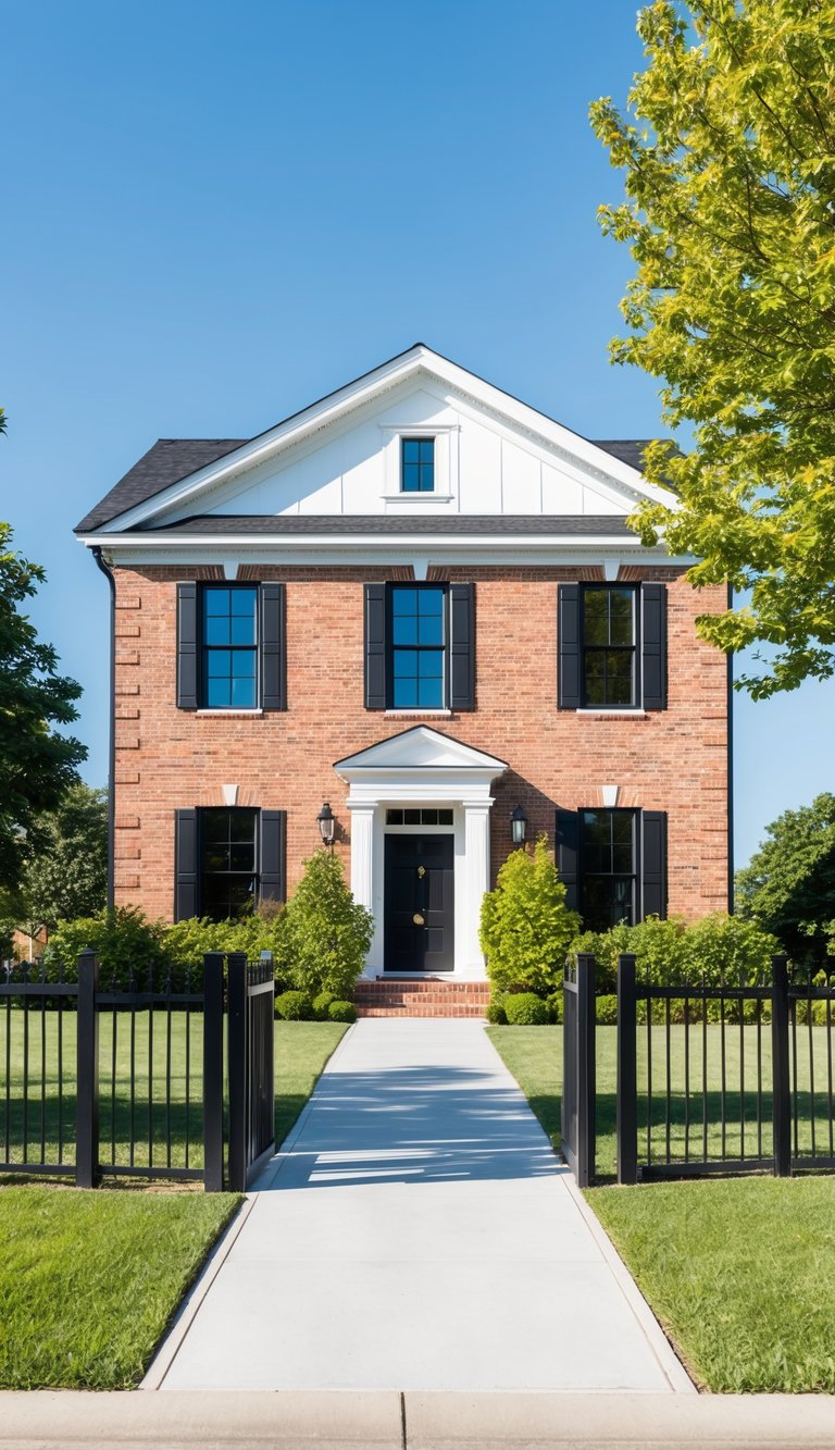 A neo-classical symmetry 50 brick home with black windows stands against a clear blue sky
