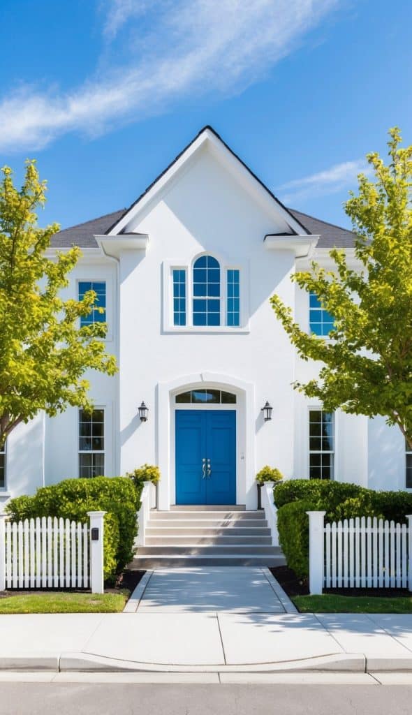 A white two-story house with a striking blue front door, flanked by tall windows and trimmed hedges. There are also two lantern-style lights on either side of the door, and a white picket fence surrounding the property. The sky is bright blue with scattered clouds.