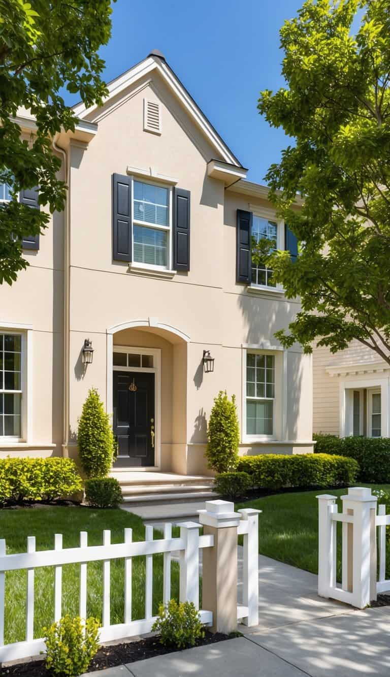 A beige home with black shutters stands out against a lush green garden