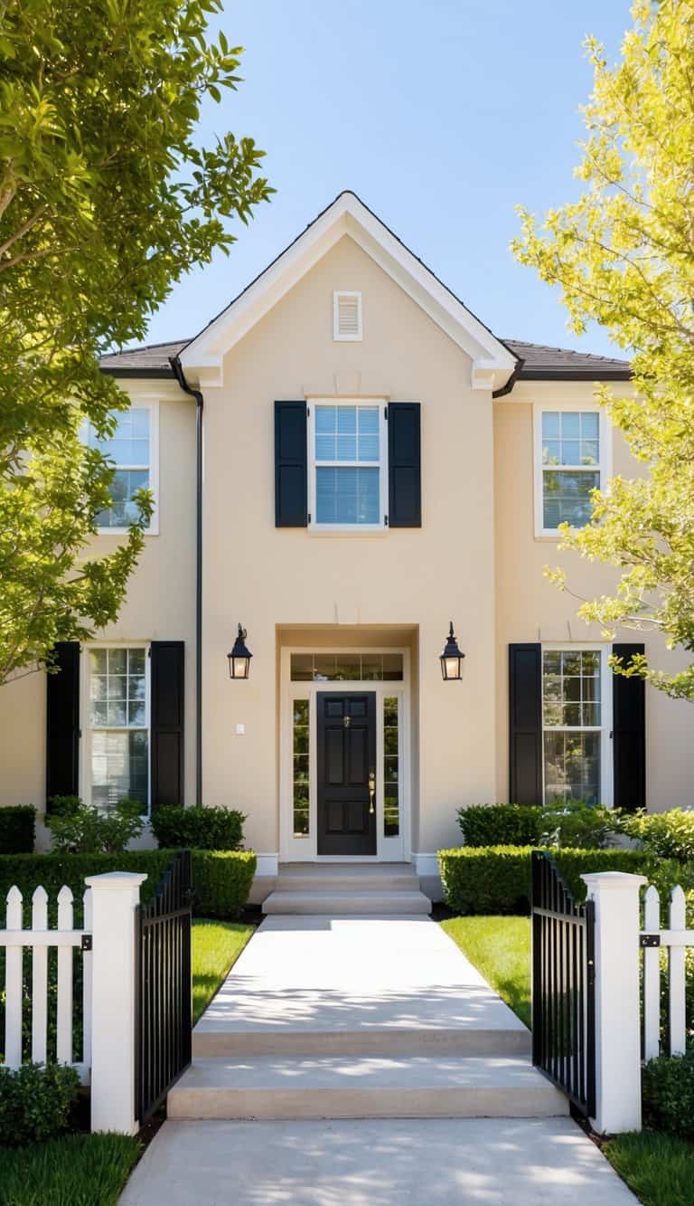 A beige home with black shutters stands in harmony with its surroundings, blending subtle and vivid tones