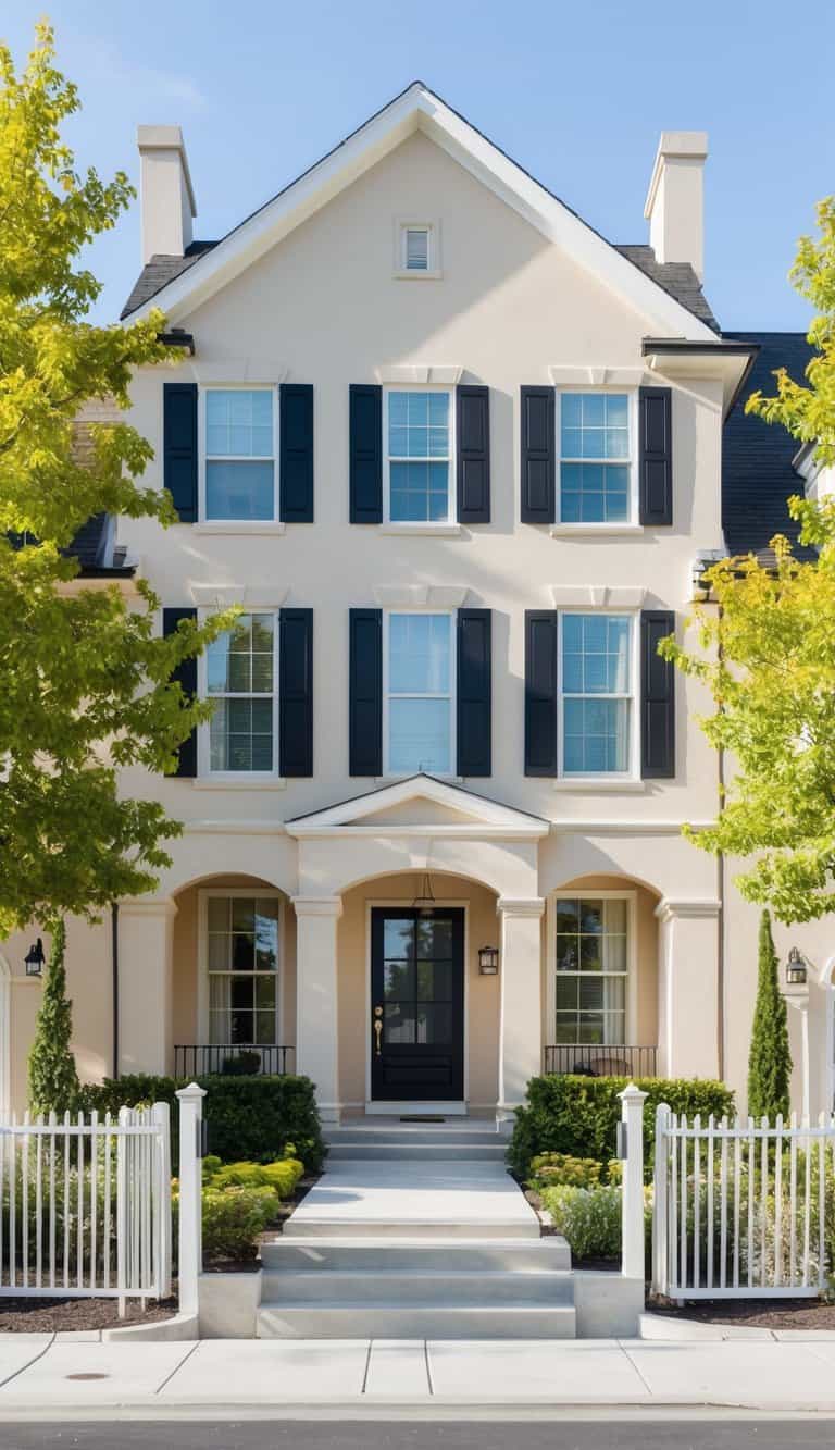 A beige home with black shutters exudes understated elegance and visual impact