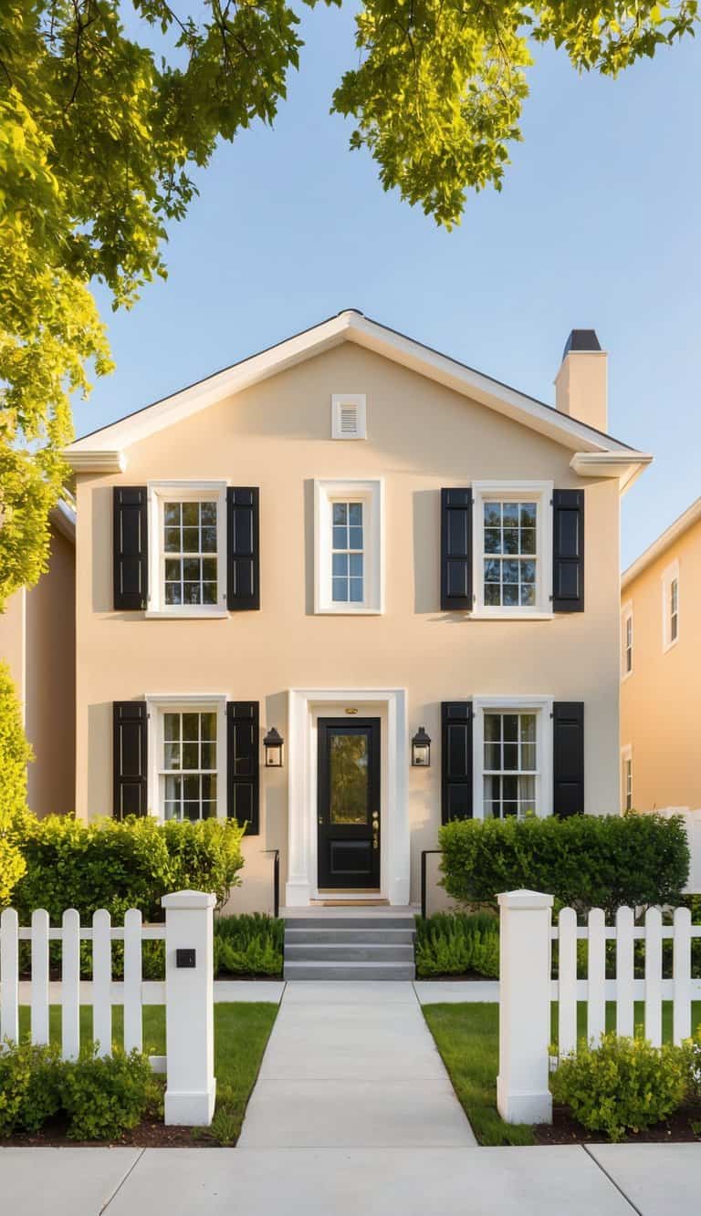 Sleek beige home with bold black shutters, bathed in warm light