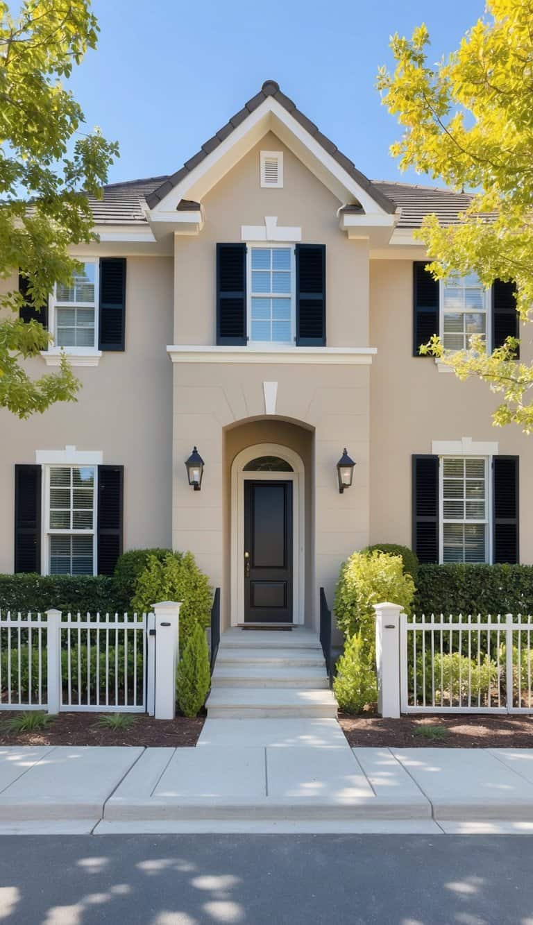 A serene beige home exterior with bold black shutters