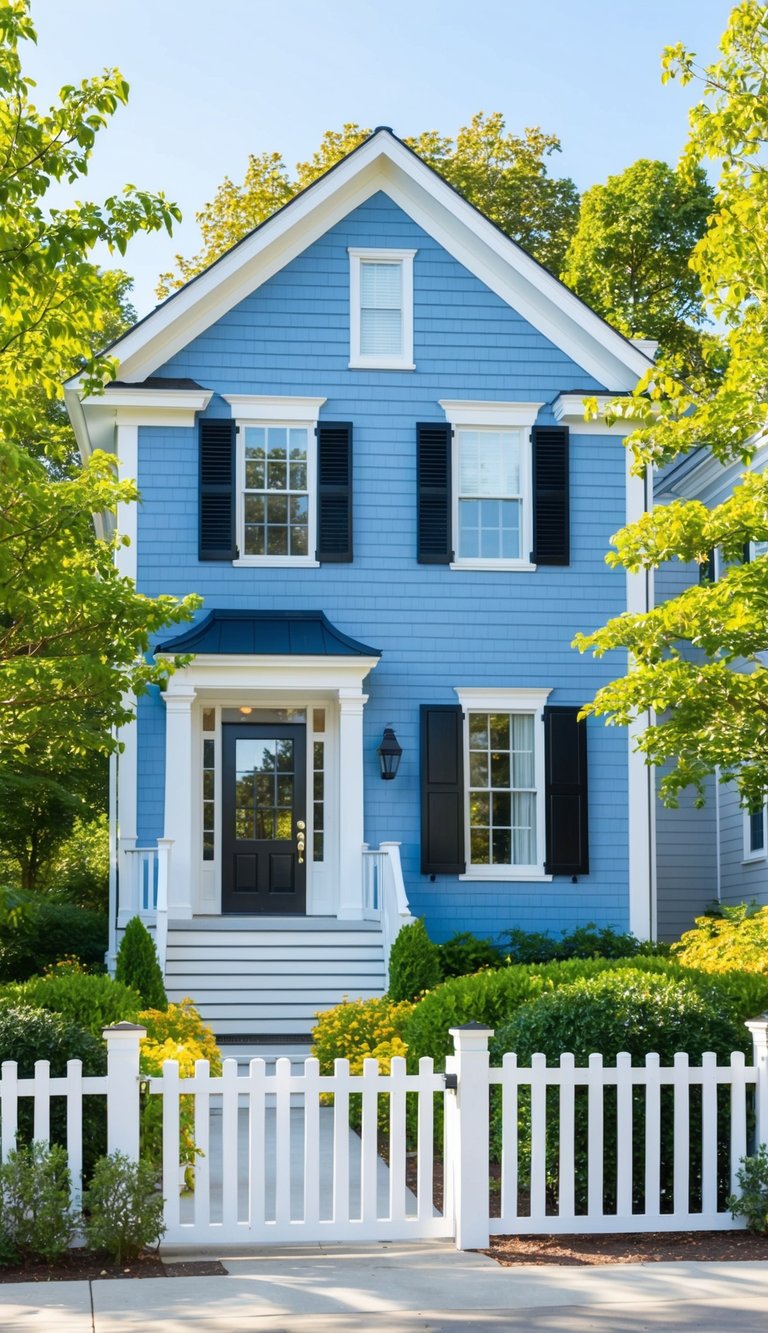 A classic Cape Cod home with blue exterior and black shutters