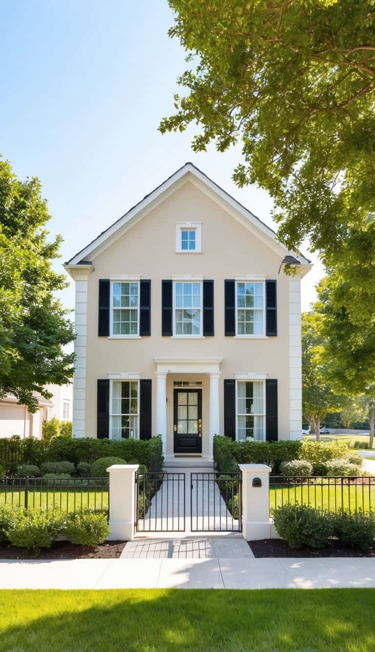 A chic beige home with black shutters stands out against the landscape