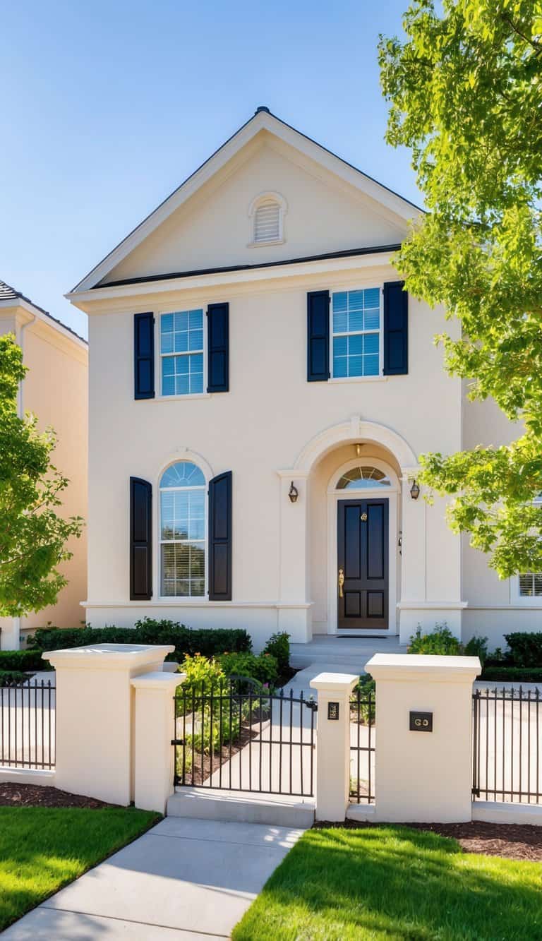 A beige home with black shutters stands tall and elegant, commanding attention with its graceful exterior