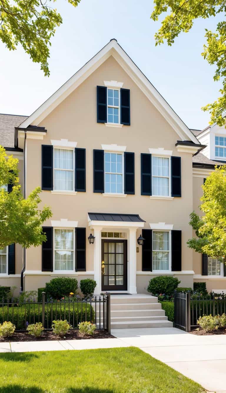 A beige home with black shutters, blending past and present in its appealing exterior design