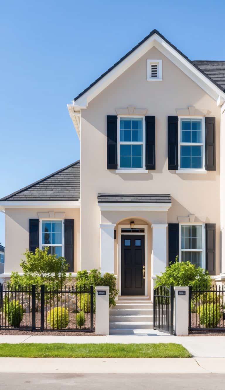 A beige home with black shutters stands out against a clear blue sky