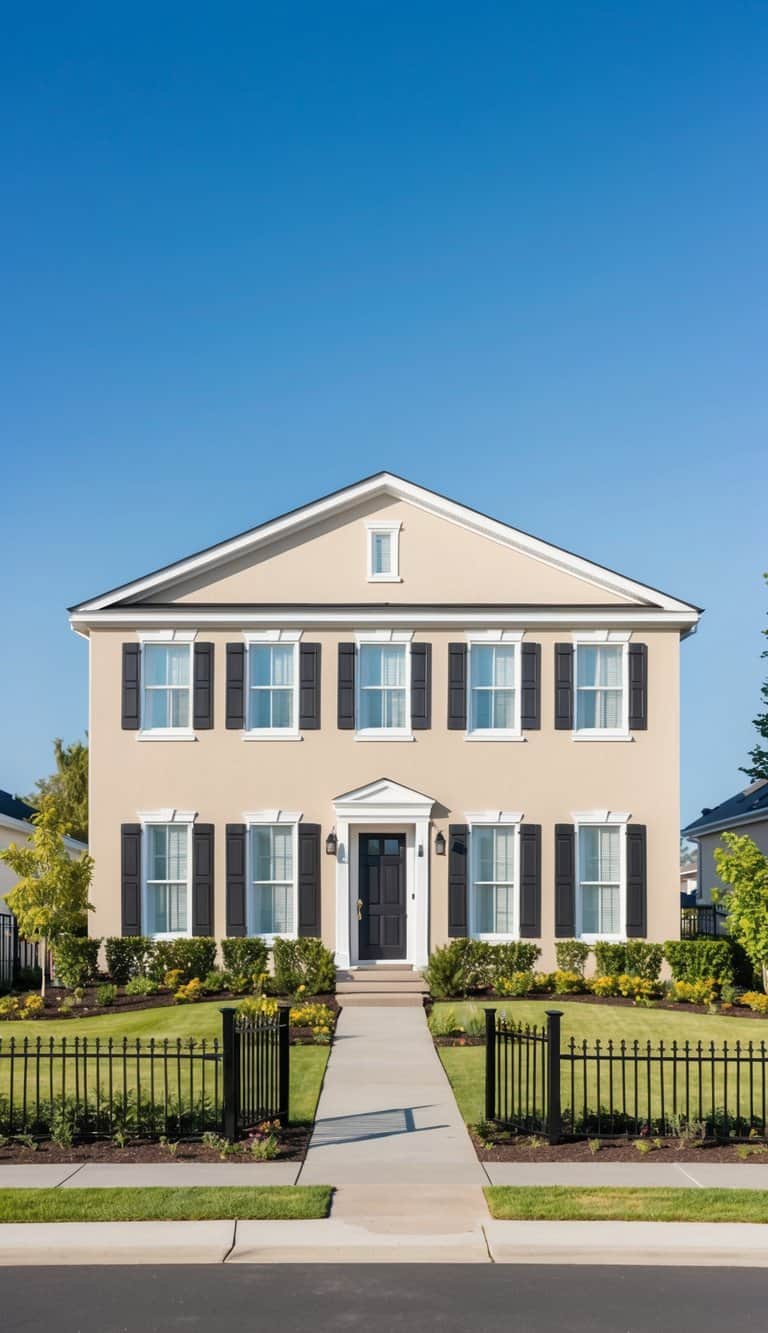 A beige home with black shutters stands against a clear blue sky, surrounded by well-manicured landscaping