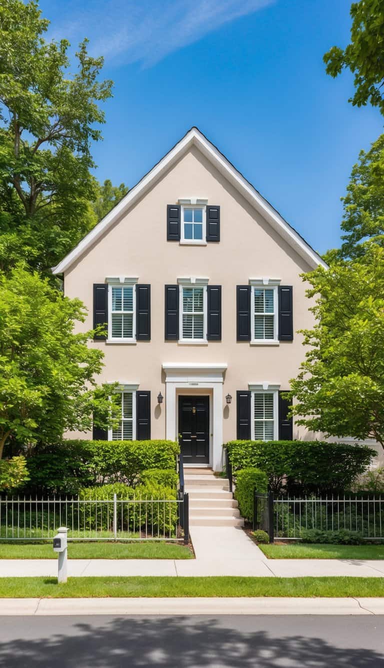 A beige home with black shutters, surrounded by lush greenery and a clear blue sky