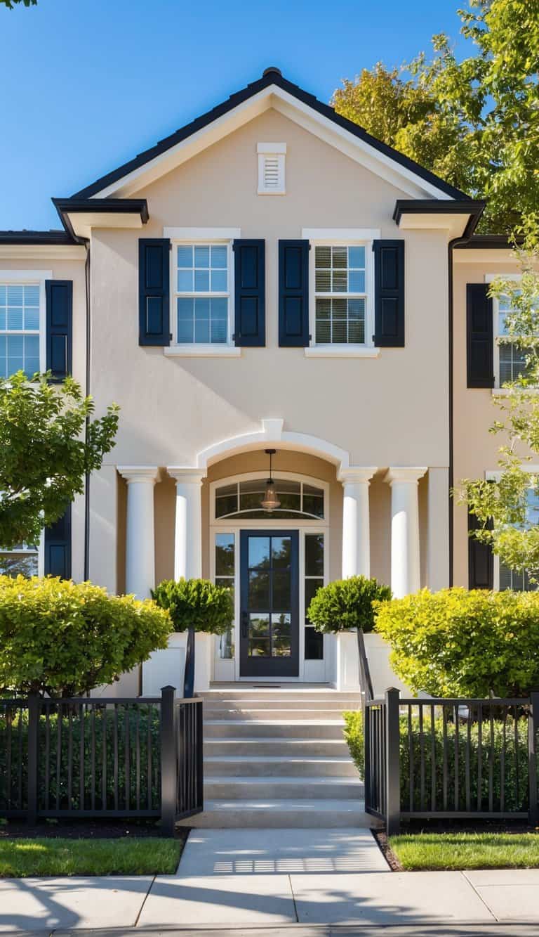 A beige home with black shutters stands in aesthetic harmony, bold touches adding visual interest to the exterior