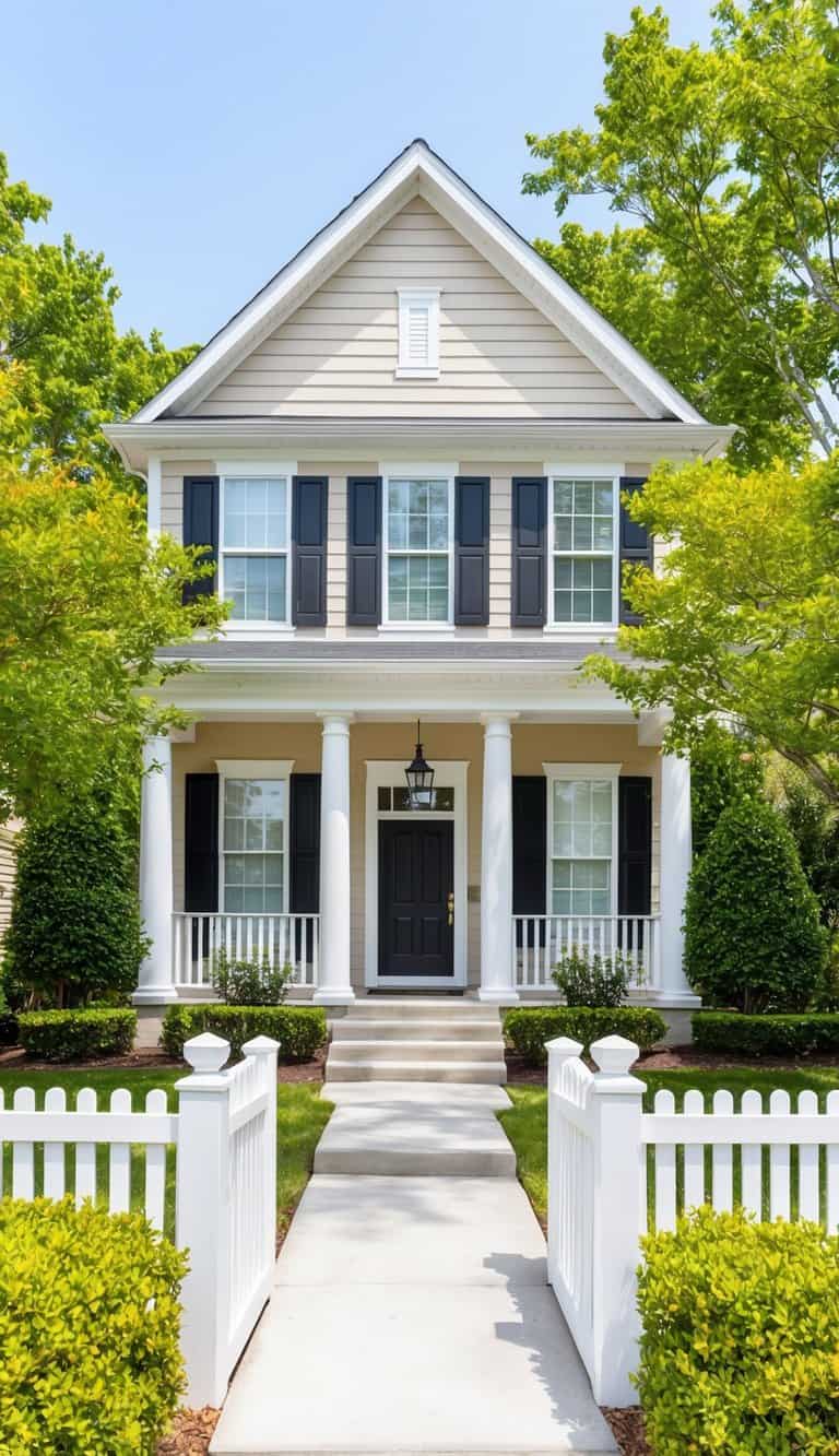 A two-story beige house with black shutters, a gabled roof, and a front porch with white columns