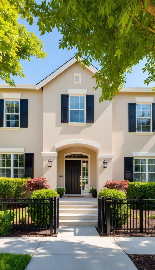 A two-story house with a beige exterior, black shutters, and a central arched entrance with a black door, surrounded by a manicured garden and black metal fencing.