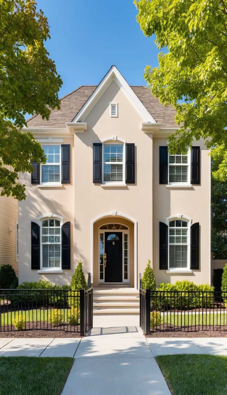 A beige home with black shutters exudes warmth and elegance