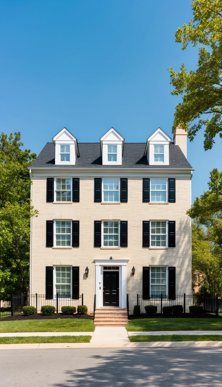 A two-story cream brick home with sleek black shutters stands against a clear blue sky