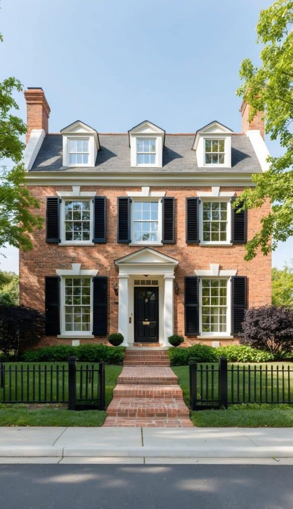 A traditional brick house with three stories, featuring dormer windows on the roof and black shutters on the windows. The front entrance has a dark door with a small porch and steps leading down to a brick path, surrounded by a black fence and green lawn.