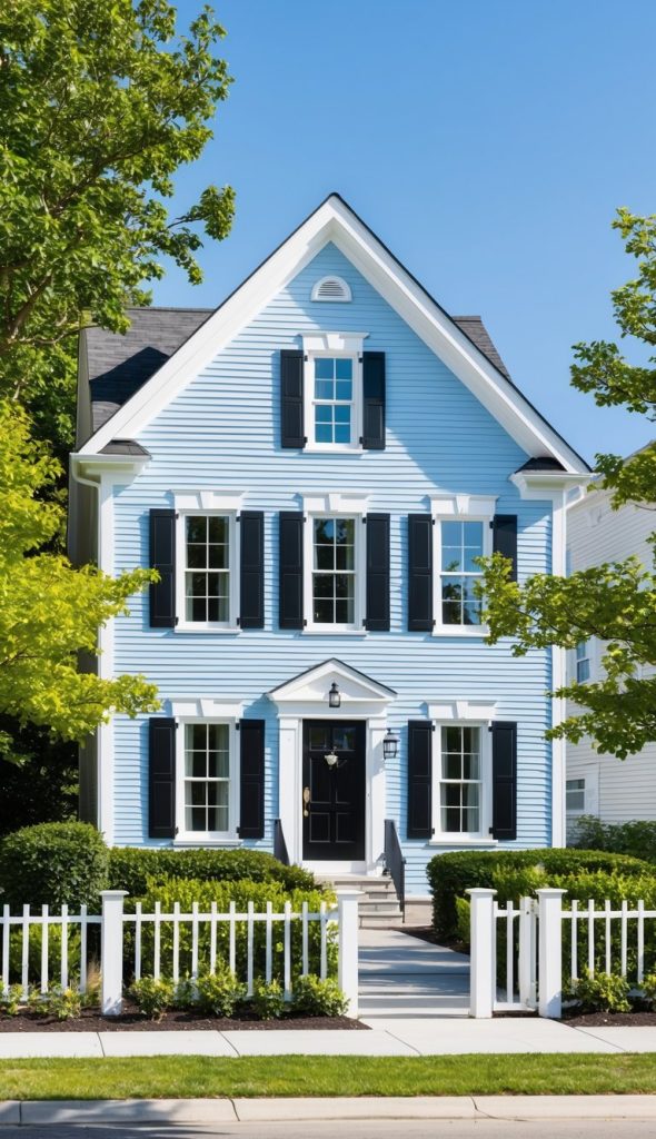 A two-story, blue clapboard house with white trim and black shutters, surrounded by trees and a neatly maintained front yard with a white picket fence.
