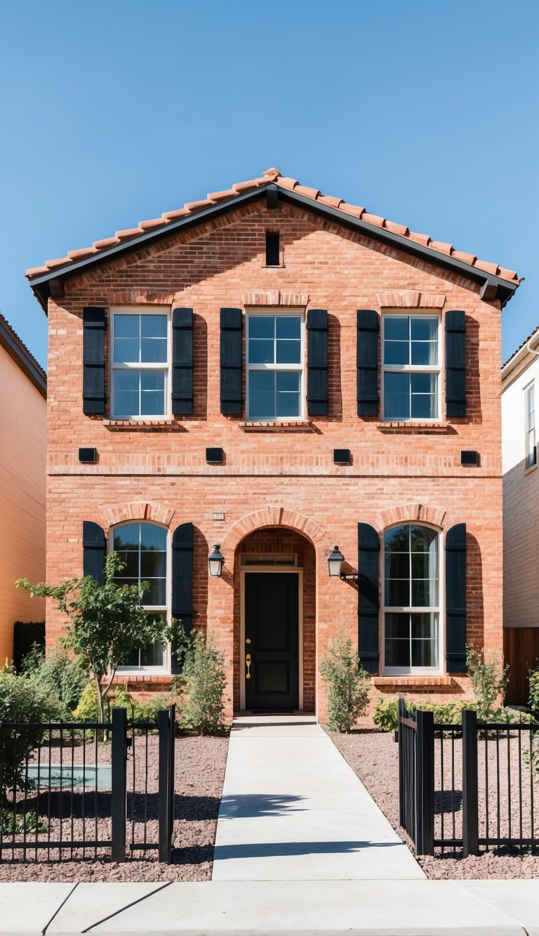 A terracotta brick home with handmade black shutters stands against a clear blue sky