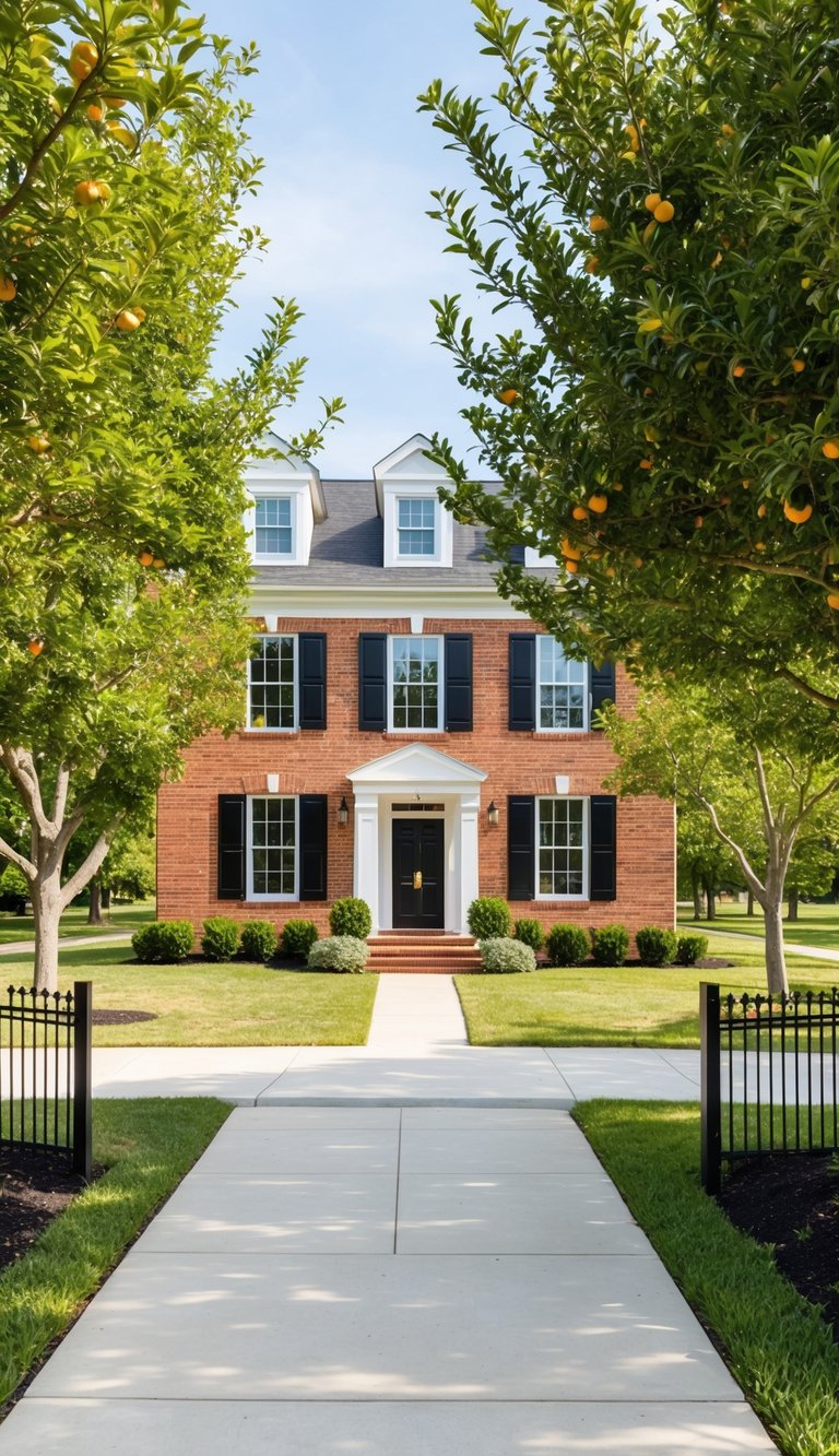 A two-story brick home with black shutters surrounded by an orchard