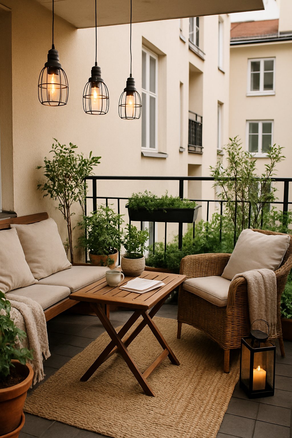 Outdoor balcony with vintage cage pendant lights, a wooden table, chairs with cushions, potted plants, and personal items creating a cozy seating area.