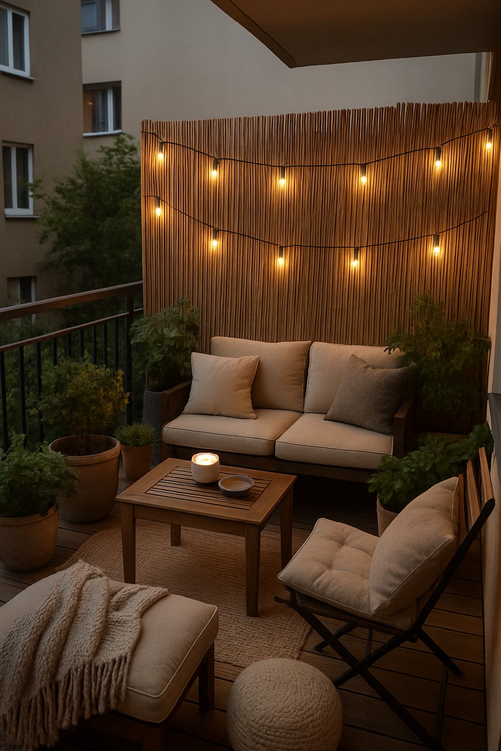 Outdoor residential balcony with bamboo screen and warm string lights, comfortable seating, potted plants, and decorative cushions.