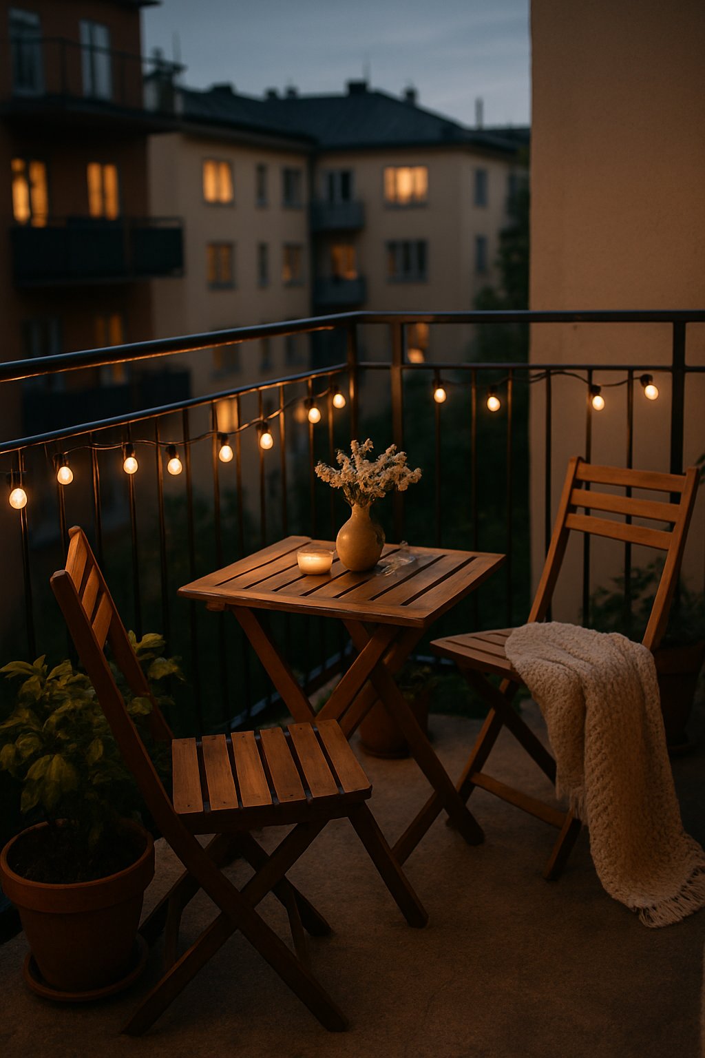 Outdoor balcony with string lights, a small table with chairs, potted plants, and cozy decorative touches at dusk.