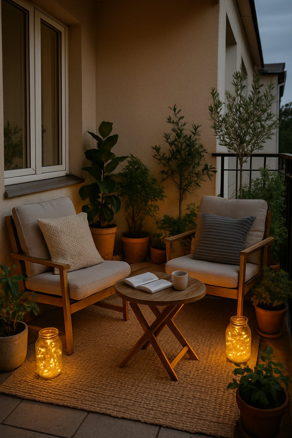Outdoor balcony with comfortable seating, potted plants, and glass jars with fairy lights creating a warm, cozy atmosphere.