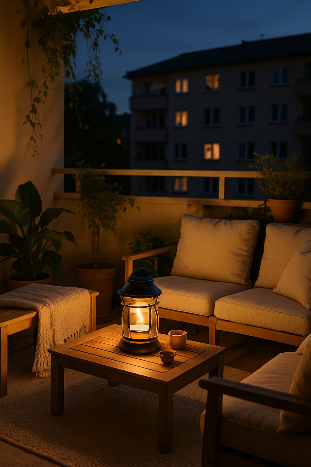 Outdoor balcony with cozy seating, warm lantern light, potted plants, and decorative touches creating a comfortable and inviting atmosphere.
