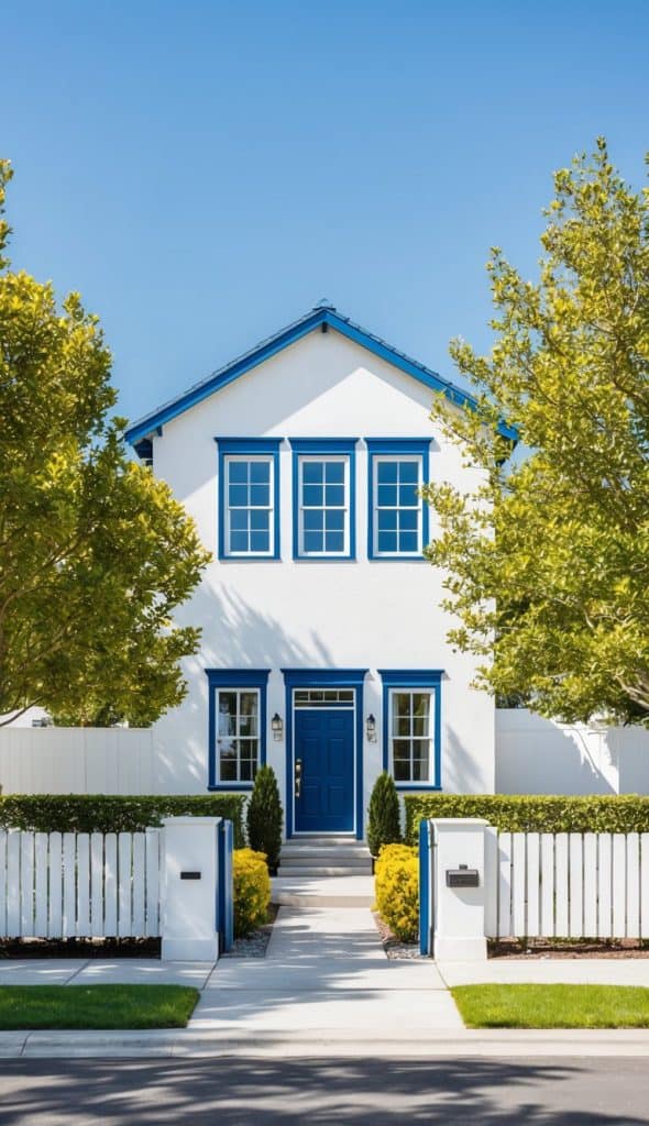 A two-story white house with blue trim, featuring a prominent blue front door and symmetrically placed windows. The house is surrounded by green trees and a white picket fence, under a clear blue sky.