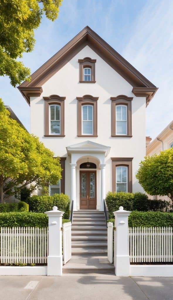 A two-story house with a steep gabled roof, large windows framed in brown, a wooden door, and a white picket fence, surrounded by lush green shrubs and trees.