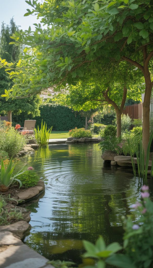 A serene garden scene featuring a pond surrounded by lush green foliage and flowering plants, with a stone pathway leading to a seating area in the background.