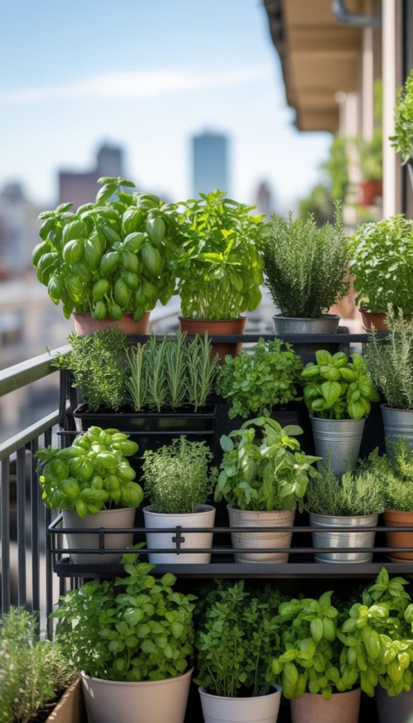 A balcony garden with rows of potted herbs including basil, rosemary, and mint, set against a blurred city skyline.