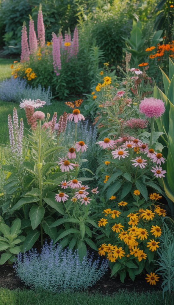 A vibrant garden with various flowers, including pink coneflowers and yellow daisies, with a butterfly perched on a flower in the foreground.