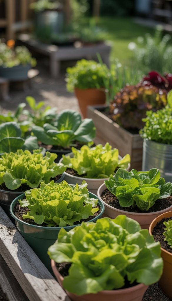 A variety of leafy greens, including lettuce, growing in pots and containers in a sunlit garden setting.