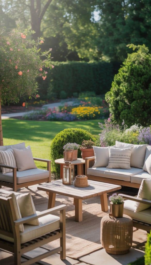 A serene garden patio featuring wooden outdoor furniture with white cushions, surrounded by lush greenery and flowering plants. The setting includes a coffee table with decorative items, and vibrant flower beds in the background under soft sunlight.