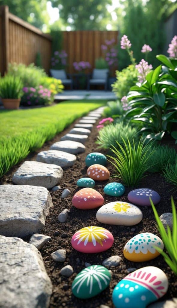 A garden pathway lined with large stones, surrounded by colorful, hand-painted rocks featuring various floral and dotted patterns. The pathway leads to a seating area with two chairs, set against a wooden fence, amidst lush greenery and blooming flowers.