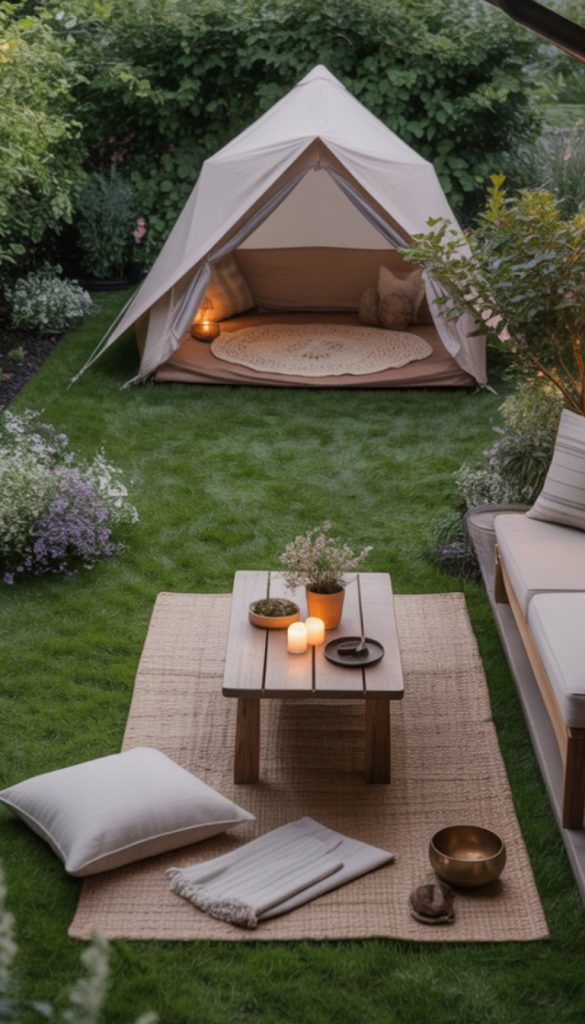 A cozy outdoor setup featuring a white tent with a round mat and pillows inside, surrounded by lush greenery. In front of the tent, there is a small wooden table on a beige mat with lit candles and a potted plant, accompanied by a pillow and folded blanket on the grass.