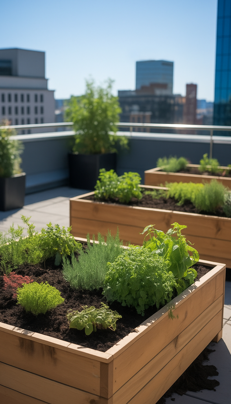 A rooftop garden with wooden planters filled with a variety of herbs and plants, set against a backdrop of city buildings under a clear blue sky.