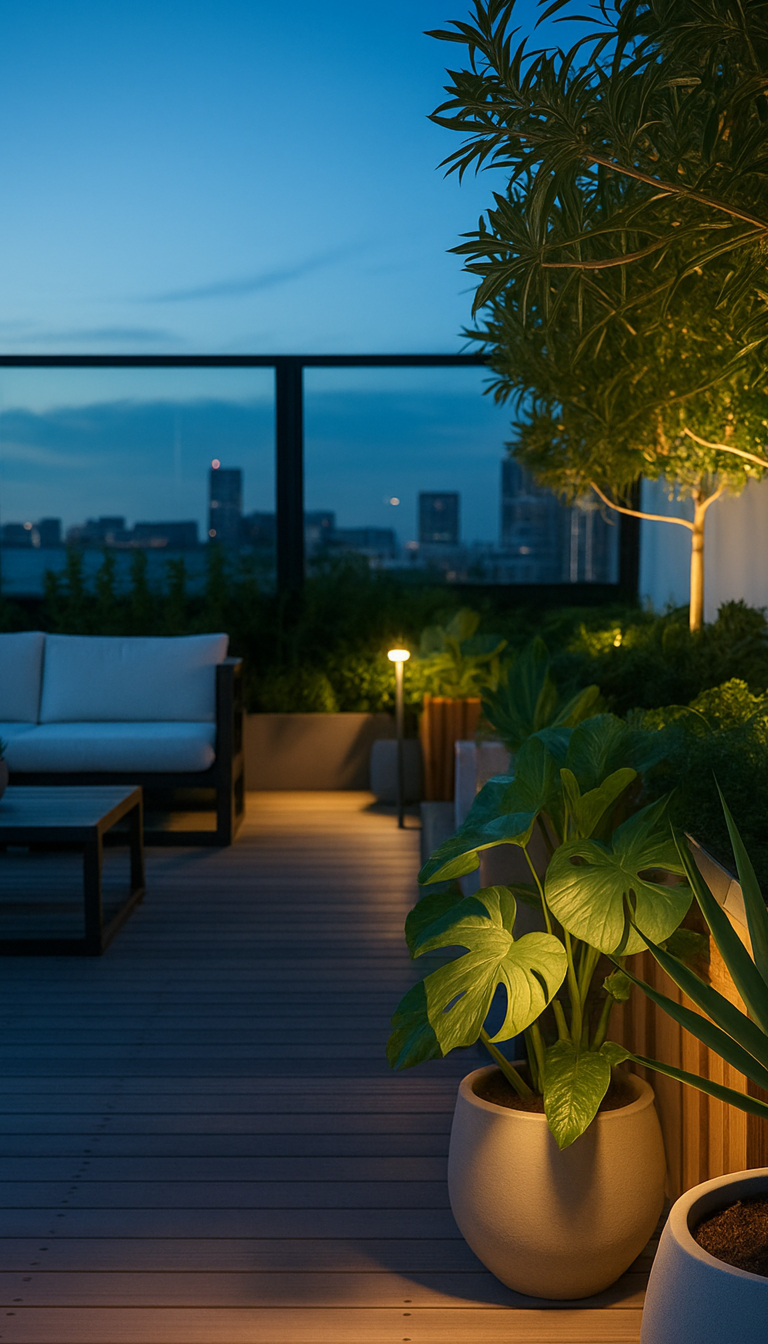 A rooftop terrace at dusk featuring a comfortable outdoor seating area with a cushioned couch, potted plants, and ambient lighting against a city skyline backdrop.